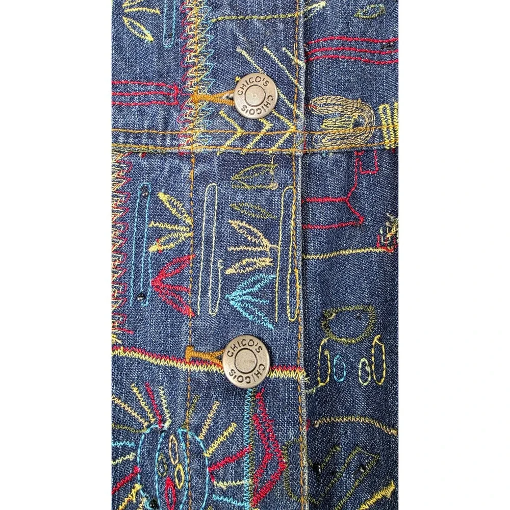 Chicos Design Jean Jacket Womens Sz 2 Blue Embroidered Beaded Denim Tribal Boho‎
